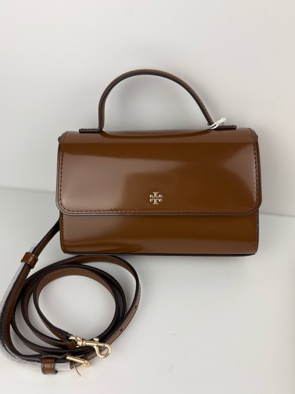 Tory Burch Emerson Smooth Mini Top Handle Bag Rich Walnut Brown $450